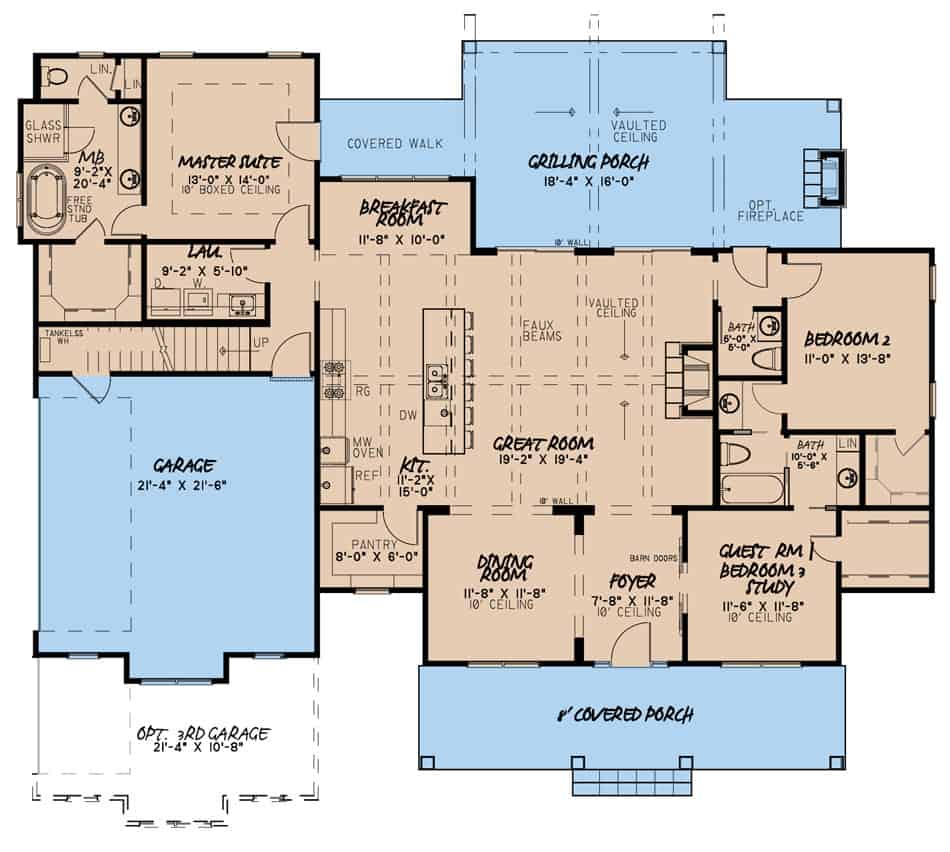 Floor Plan Main Level of Farmhouse Plan #193-1109