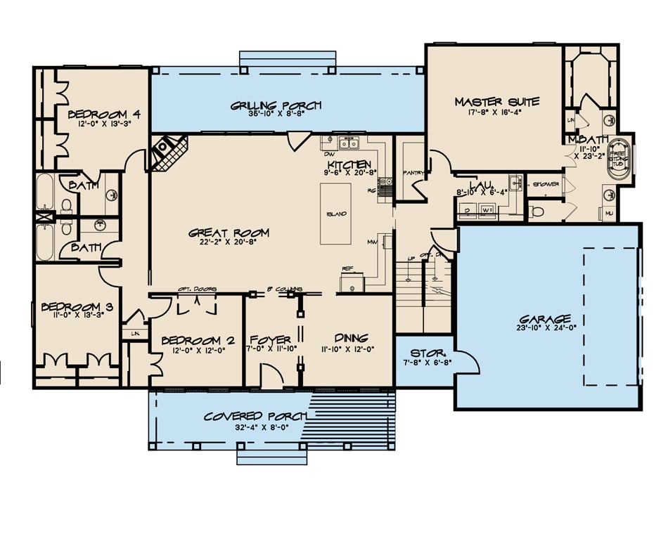 Floor Plan Main Level of Country Plan #193-1127