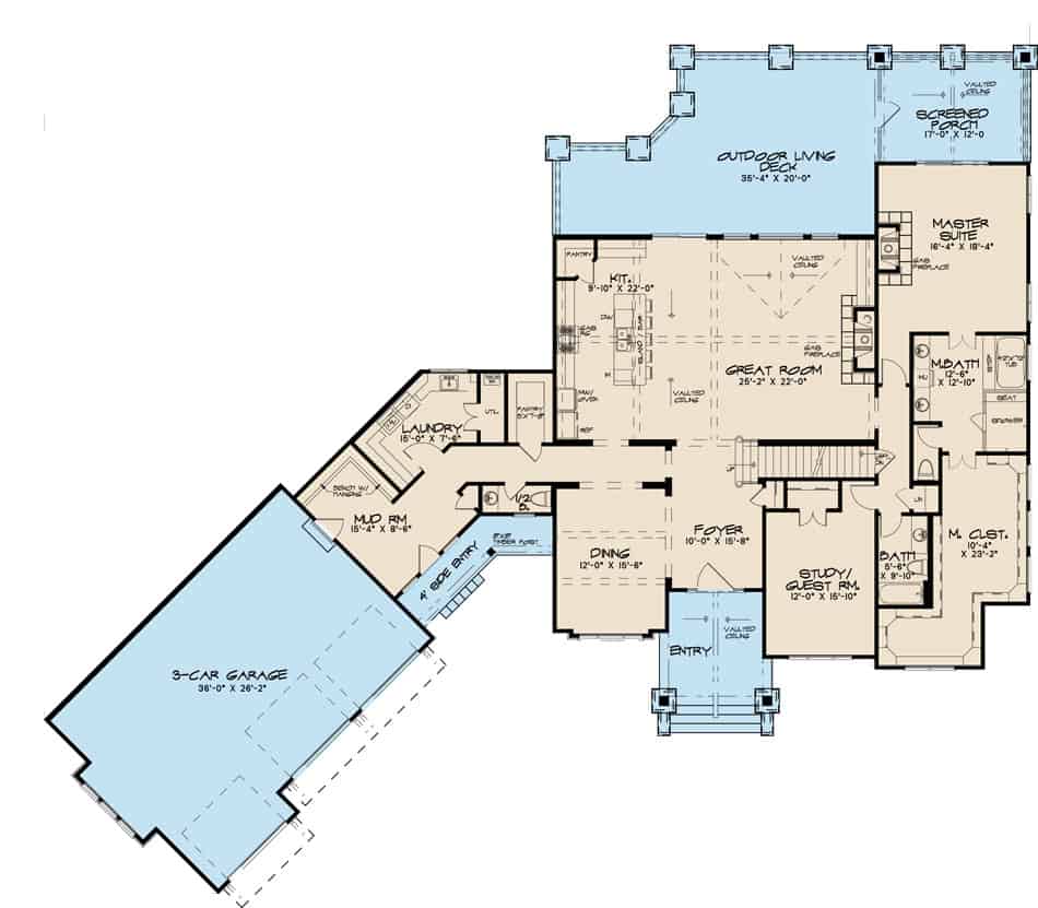 Floor Plan Main Level of Farmhouse Plan #193-1130