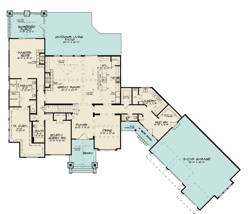 Floor Plan Main Level of Farmhouse Plan #193-1132