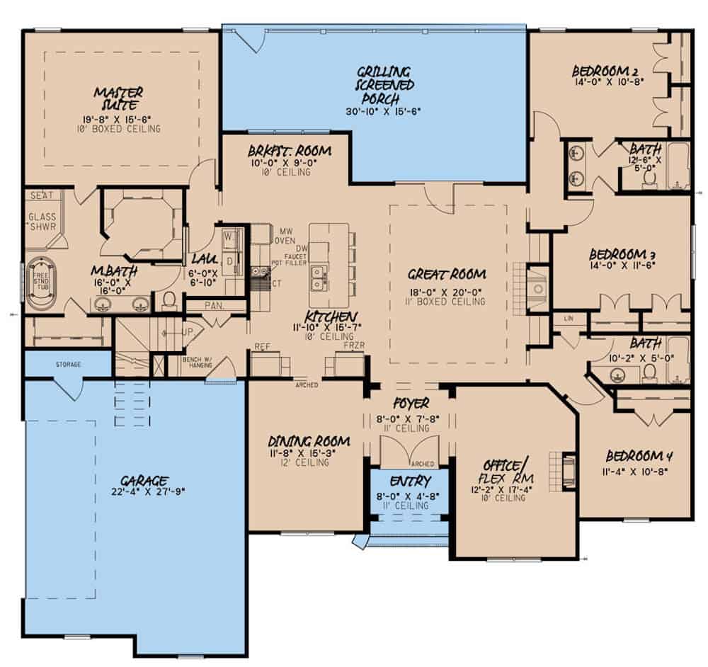 Floor Plan Main Level of Acadian Plan #193-1134