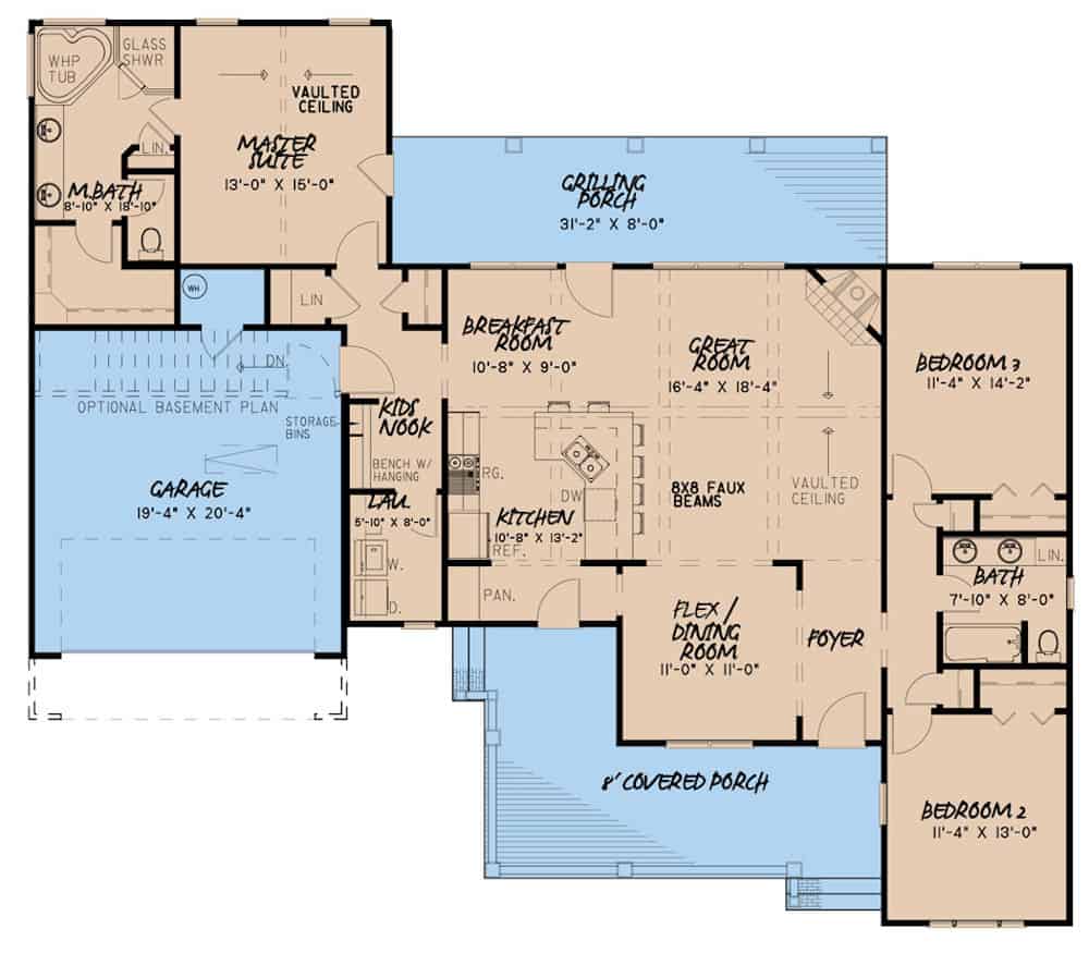Floor Plan Main Level of Ranch Plan #193-1135