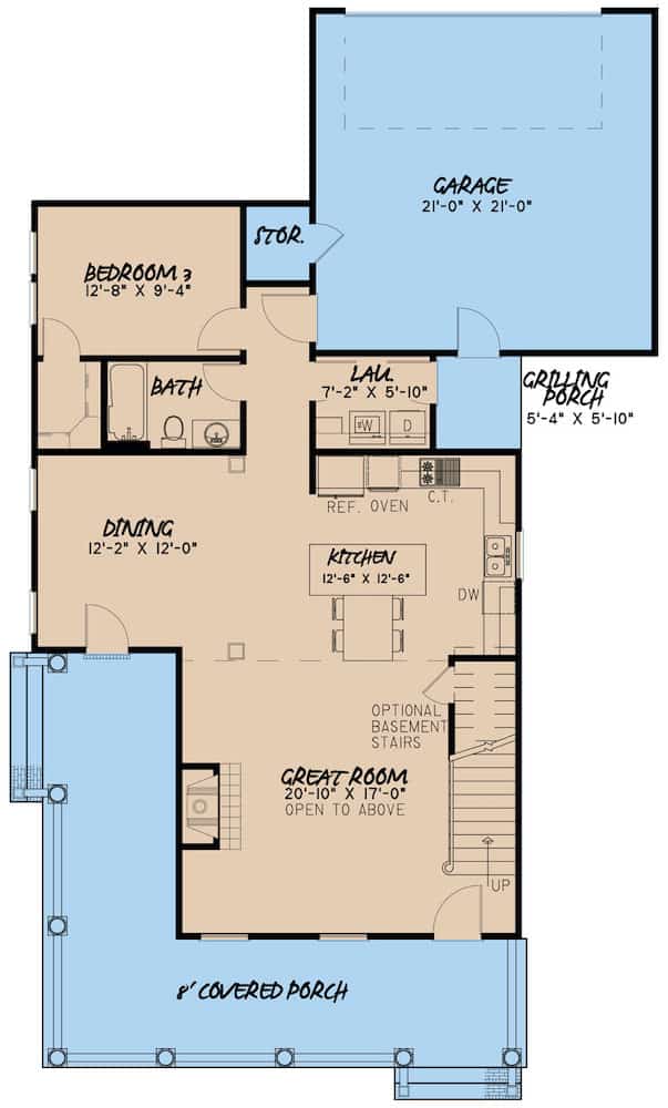 Floor Plan Main Level of Farmhouse Plan #193-1136