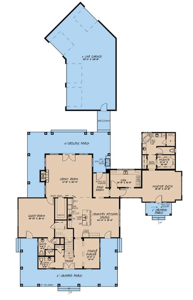 Floor Plan Main Level of Farmhouse Plan #193-1141
