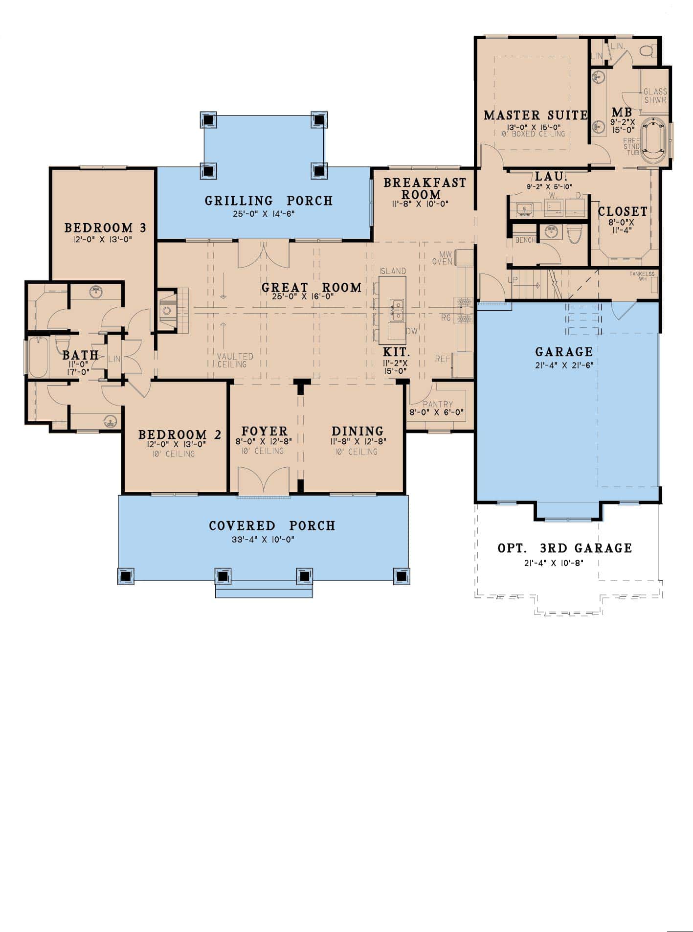Floor Plan Main Level of Ranch Plan #193-1142