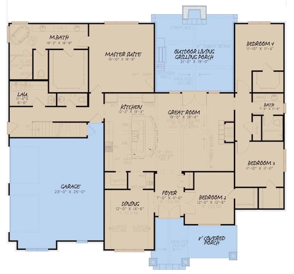 Floor Plan Main Level of Acadian Plan #193-1147