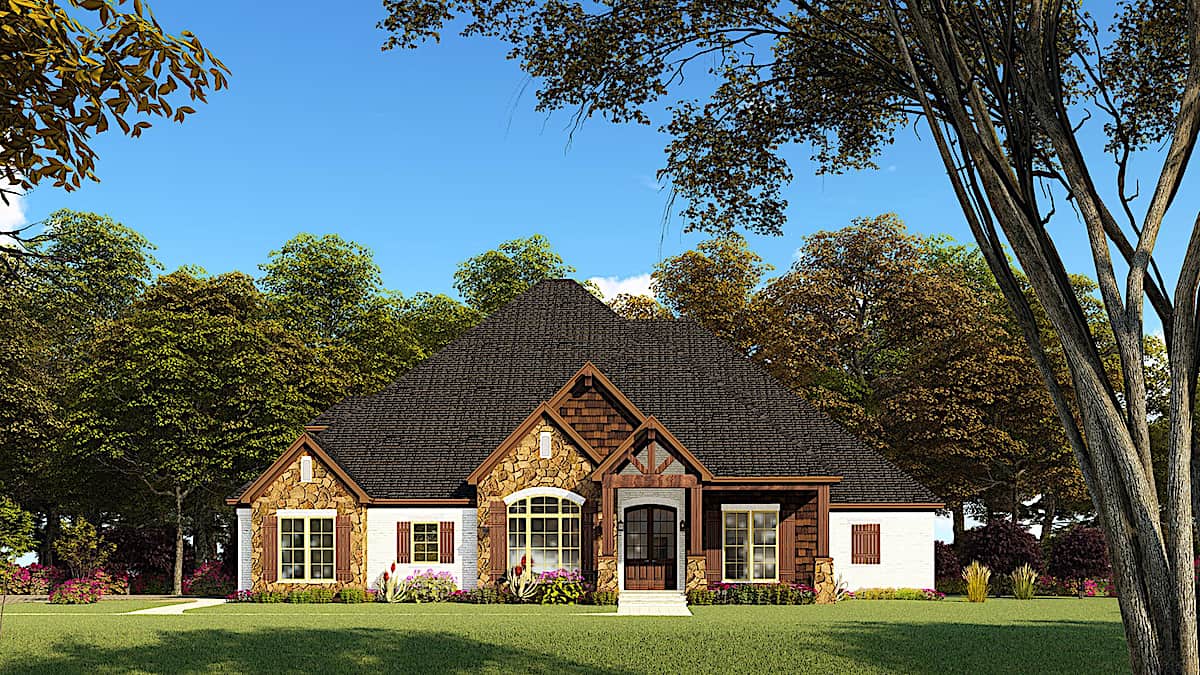 Front elevation of French home (ThePlanCollection: House Plan #193-1147)