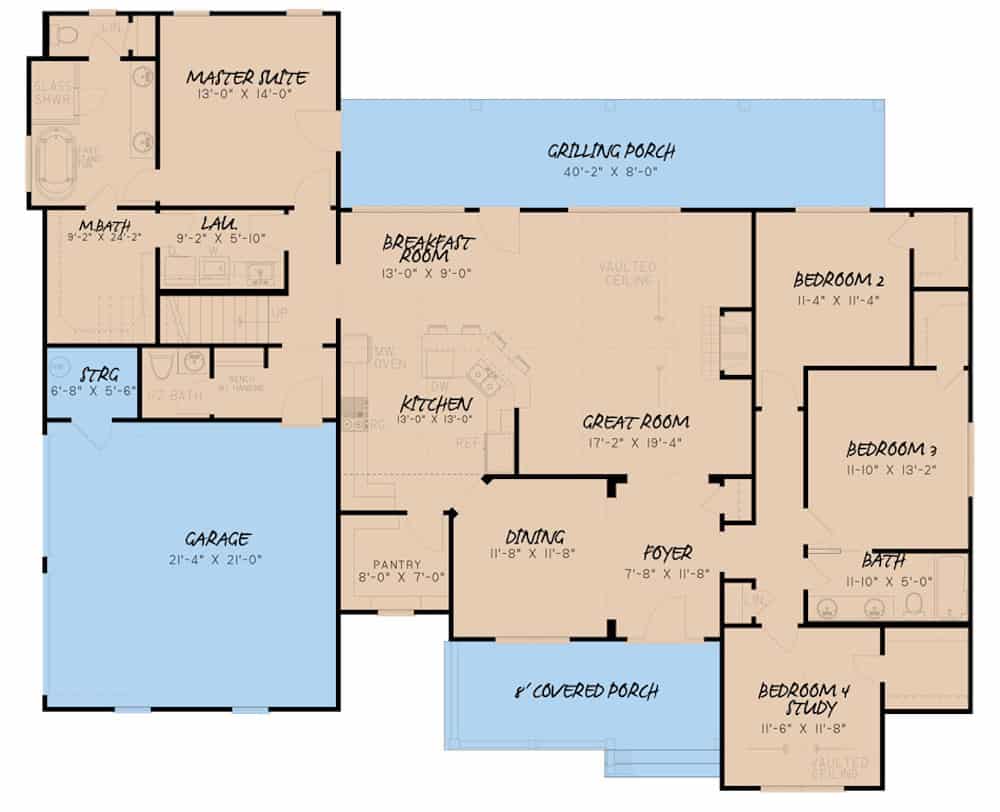Floor Plan Main Level of Farmhouse Plan #193-1150