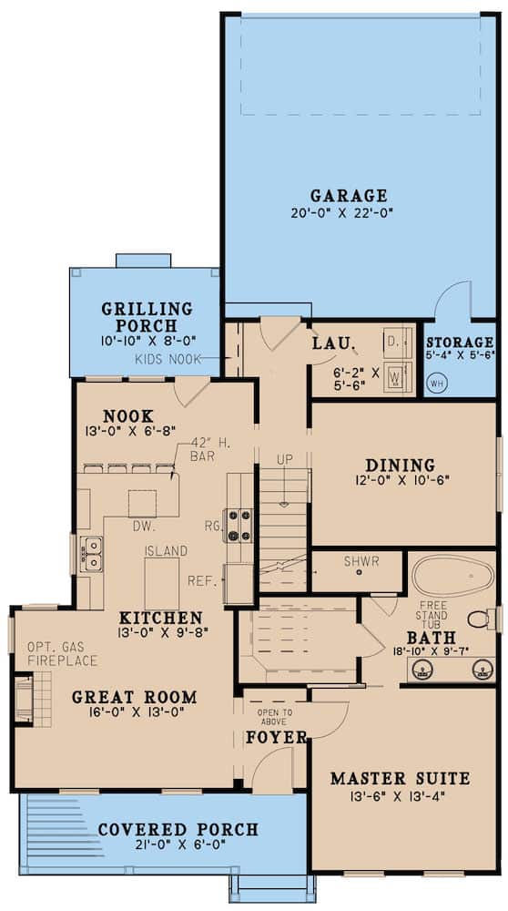 Floor Plan Main Level of Farmhouse Plan #193-1155