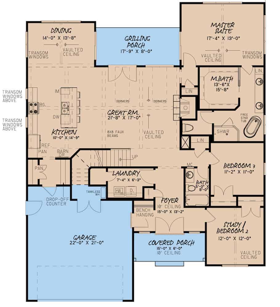 Floor Plan Main Level of Ranch Plan #193-1162