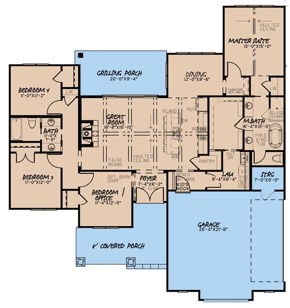 Floor Plan Main Level of Ranch Plan #193-1168