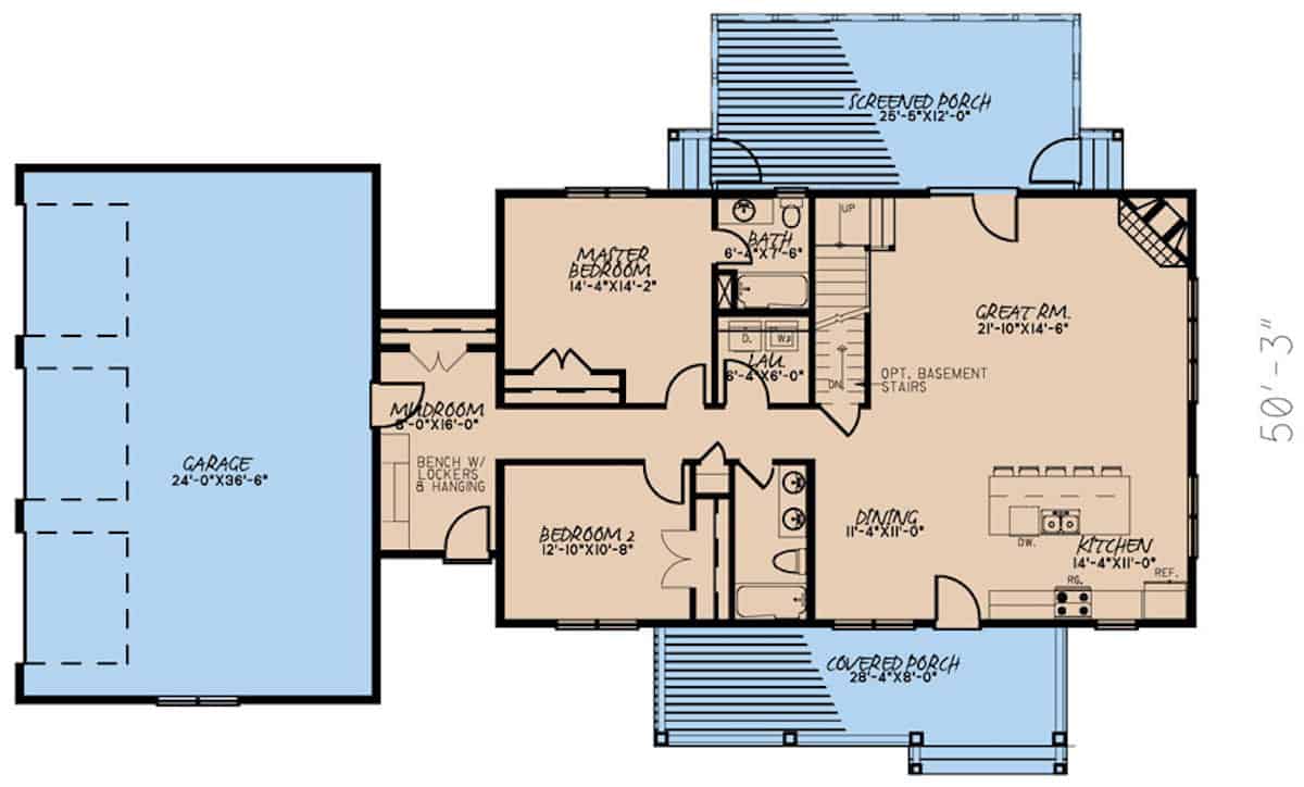 Floor Plan Main Level of Farmhouse Plan #193-1175