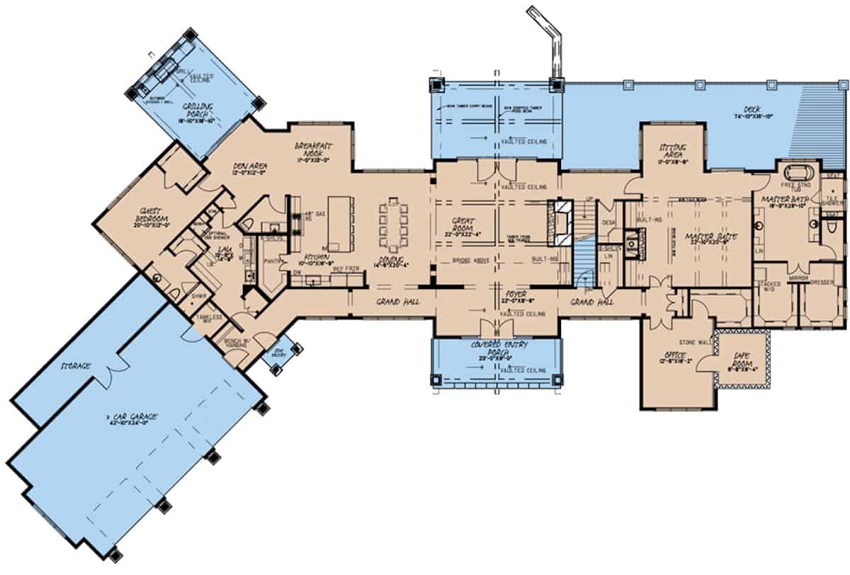 Floor Plan Main Level of Craftsman Plan #193-1182