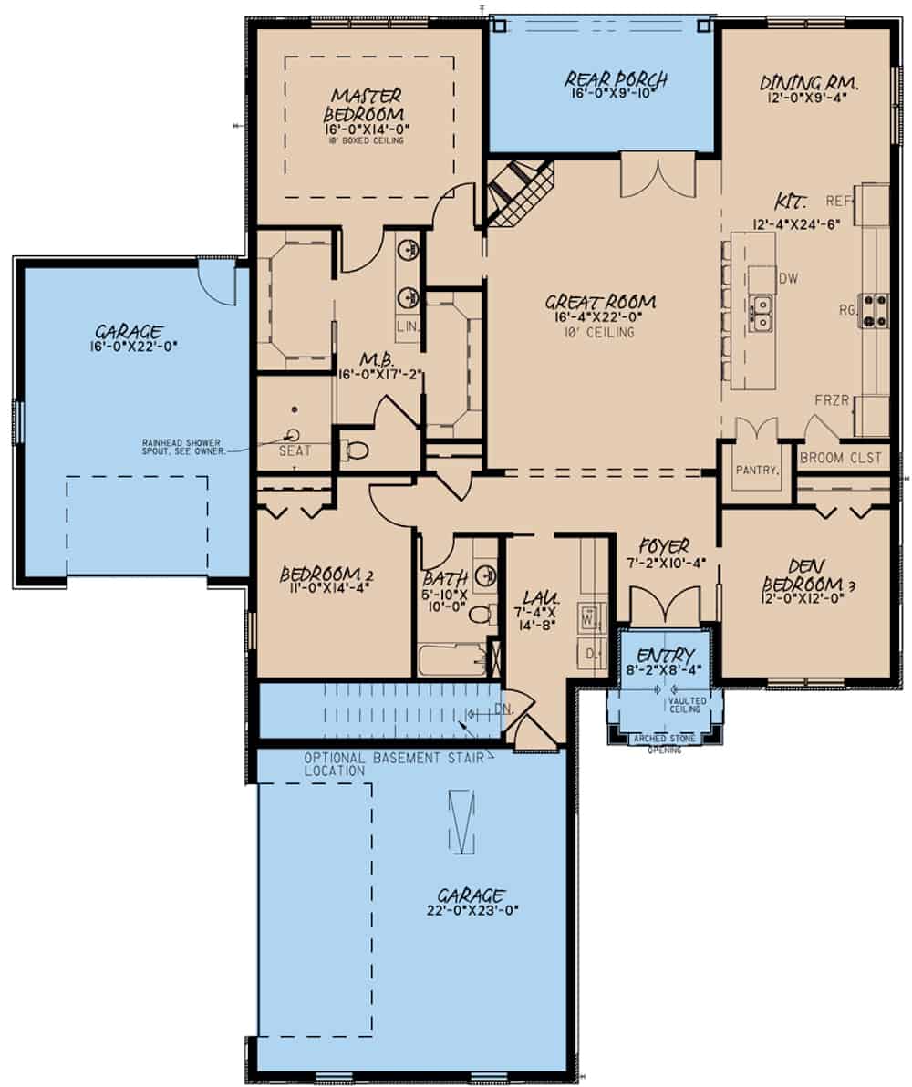 Floor Plan Main Level of Acadian Plan #193-1183