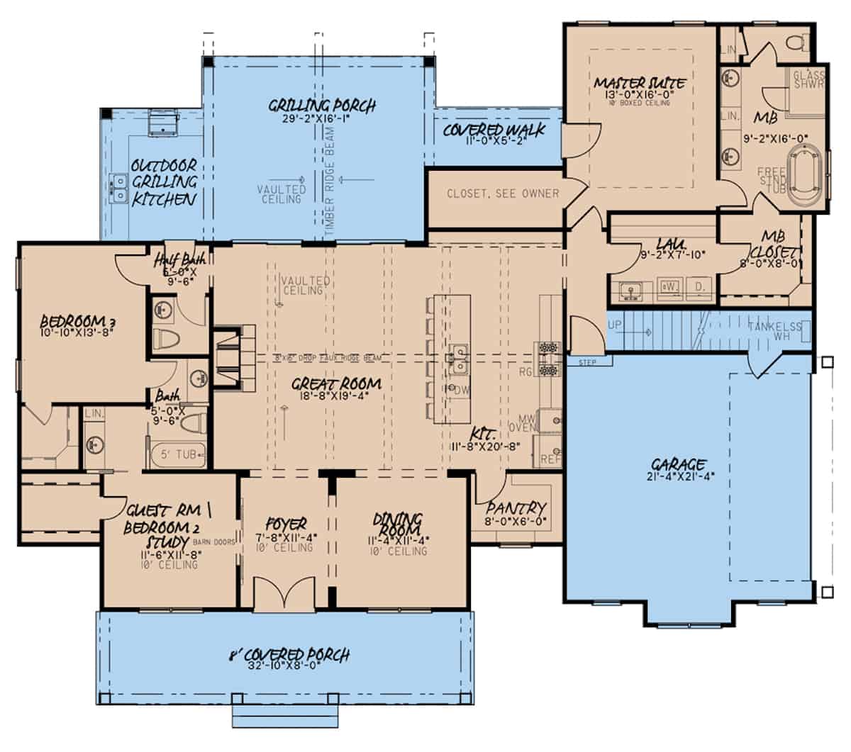Floor Plan Main Level of Ranch Plan #193-1185