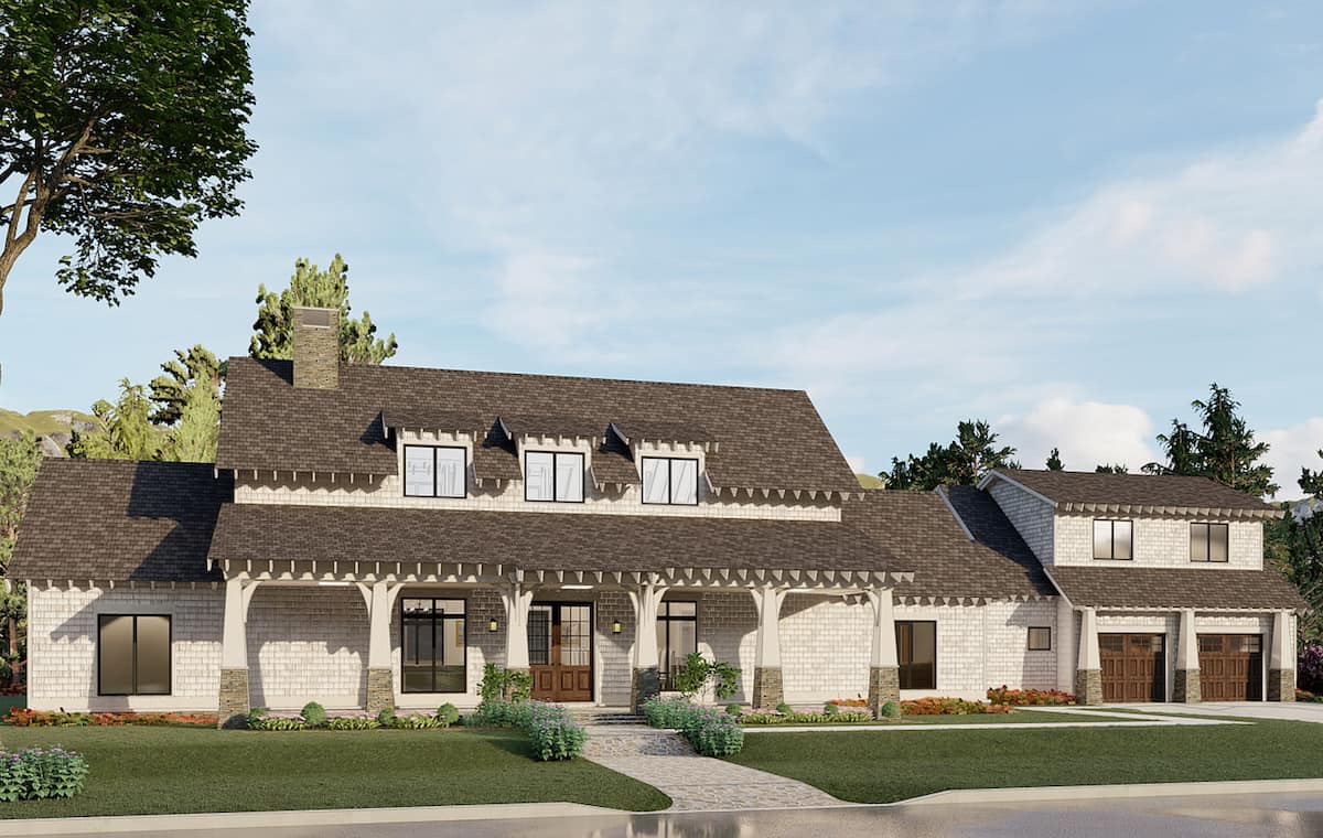 Front elevation of Arts and Crafts home (ThePlanCollection: House Plan #193-1200)