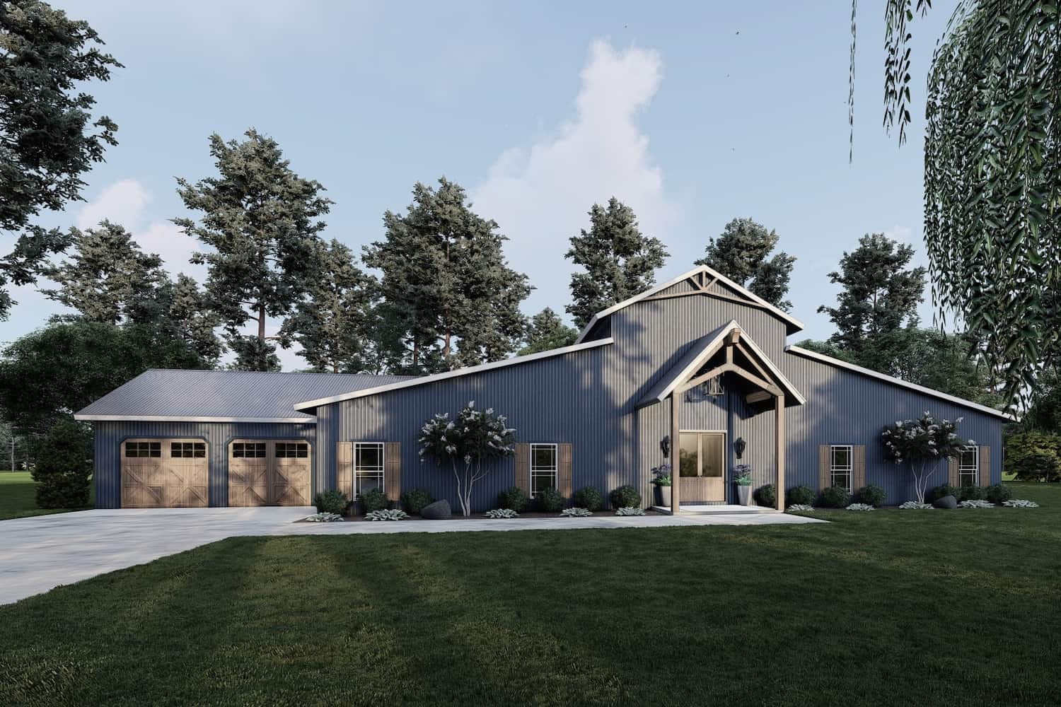 Front elevation of Barndominium home (ThePlanCollection: House Plan #193-1217)
