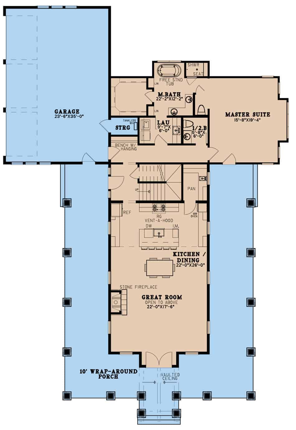 Main Level of Farmhouse Plan #193-1229