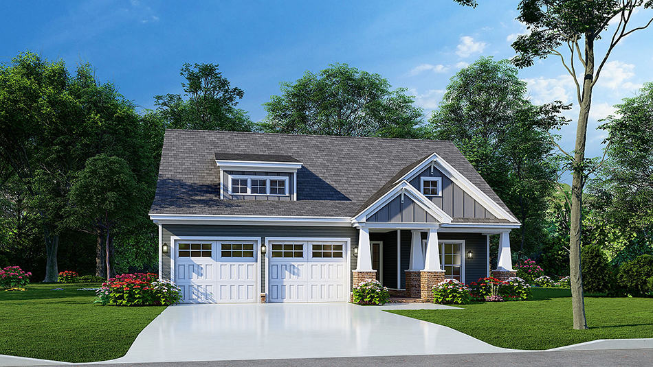 Front elevation of Craftsman Ranch home (ThePlanCollection: House Plan #193-1230)