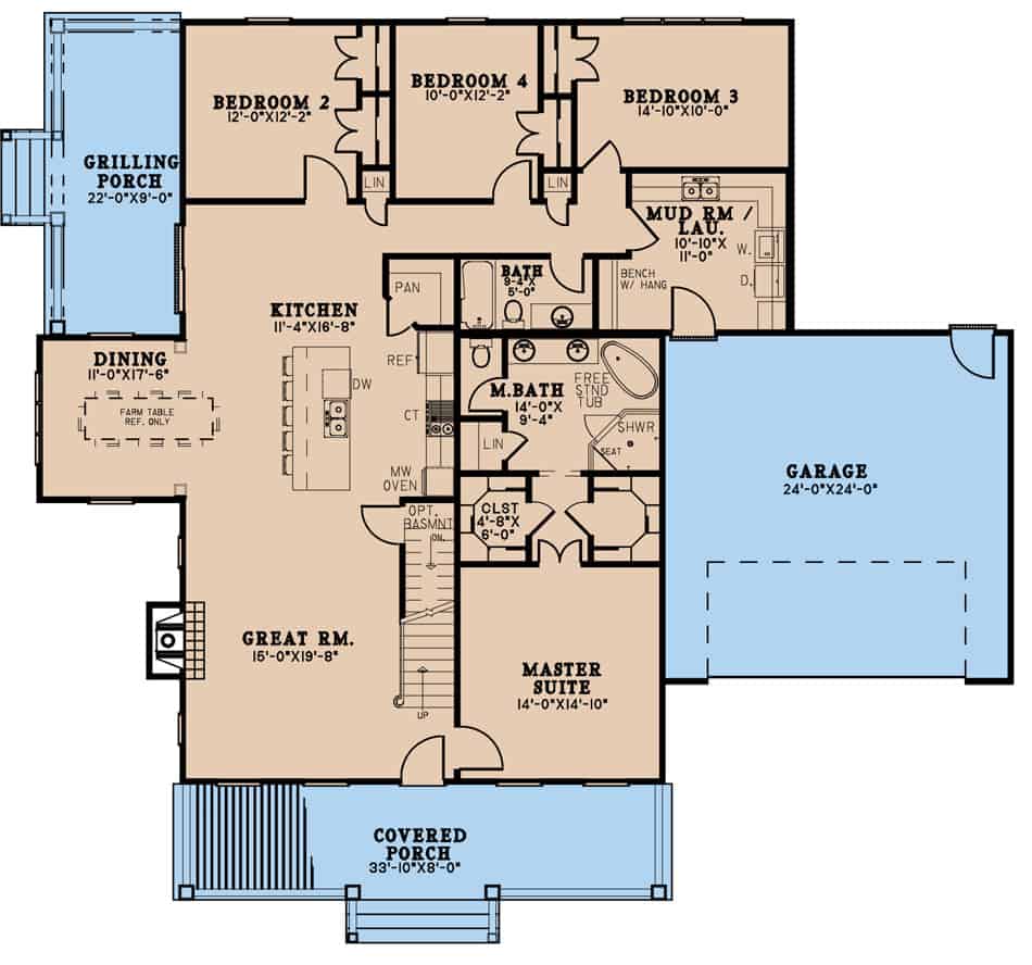 Main Level of Farmhouse Plan #193-1247