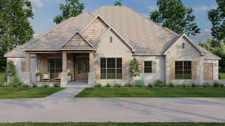 Front elevation of Arts and Crafts home (ThePlanCollection: House Plan #193-1257)