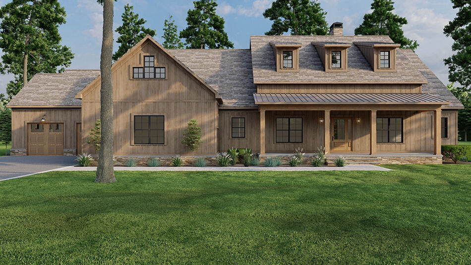 Front elevation of Arts and Crafts home (ThePlanCollection: House Plan #193-1280)
