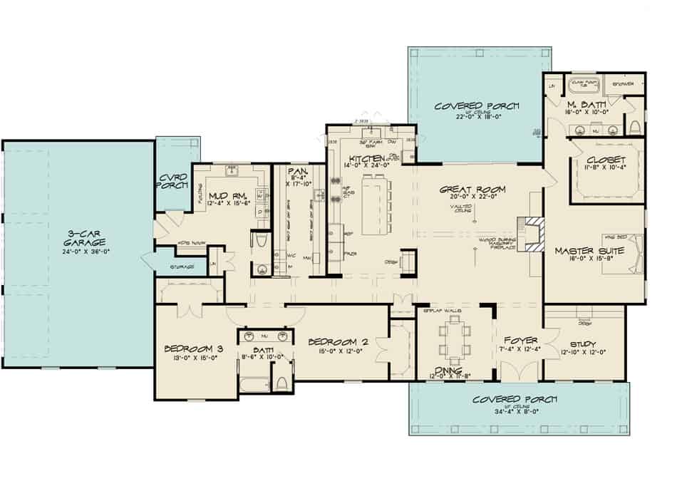 Main Level of Farmhouse Plan #193-1286