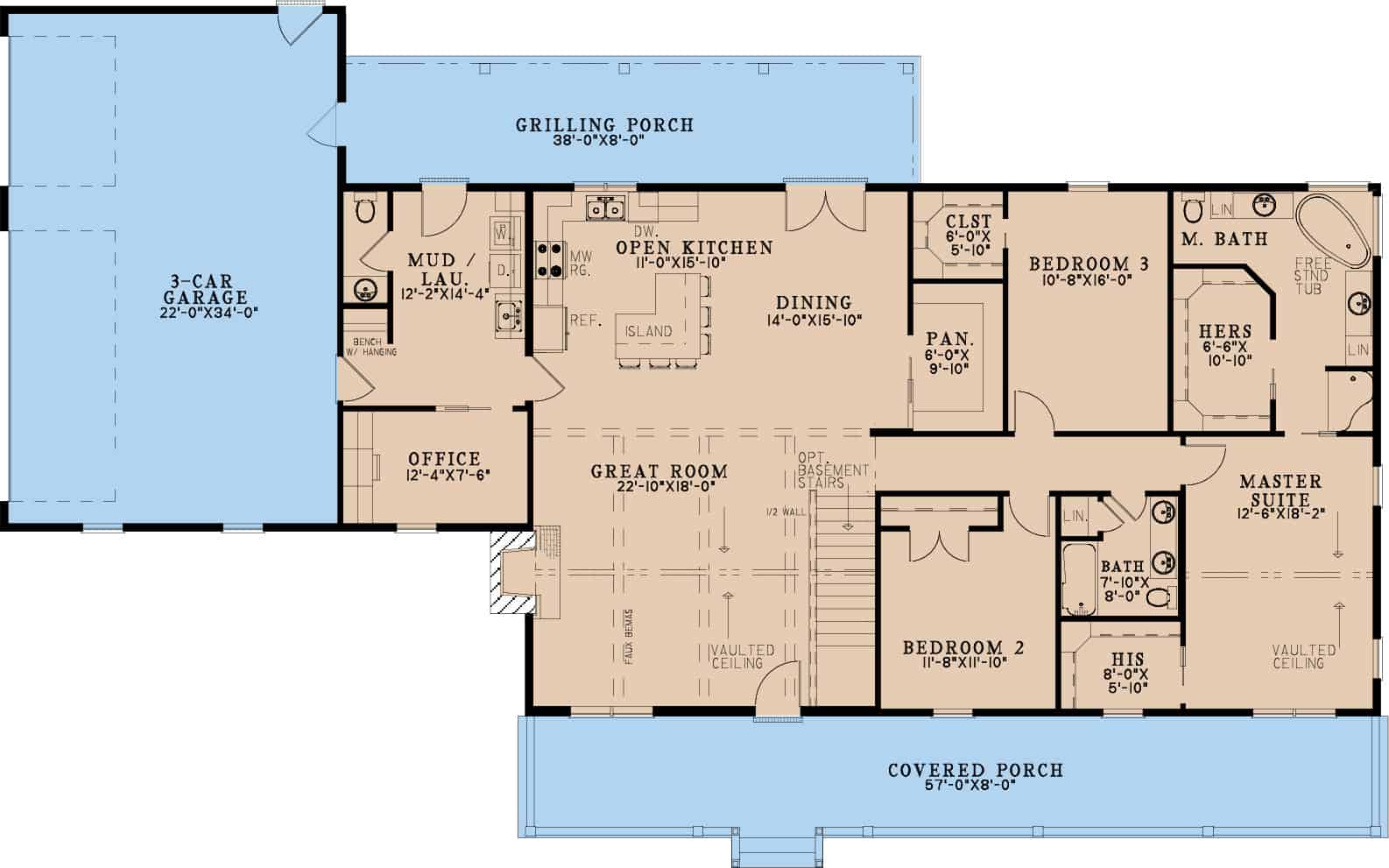 Main Level of Farmhouse Plan #193-1295