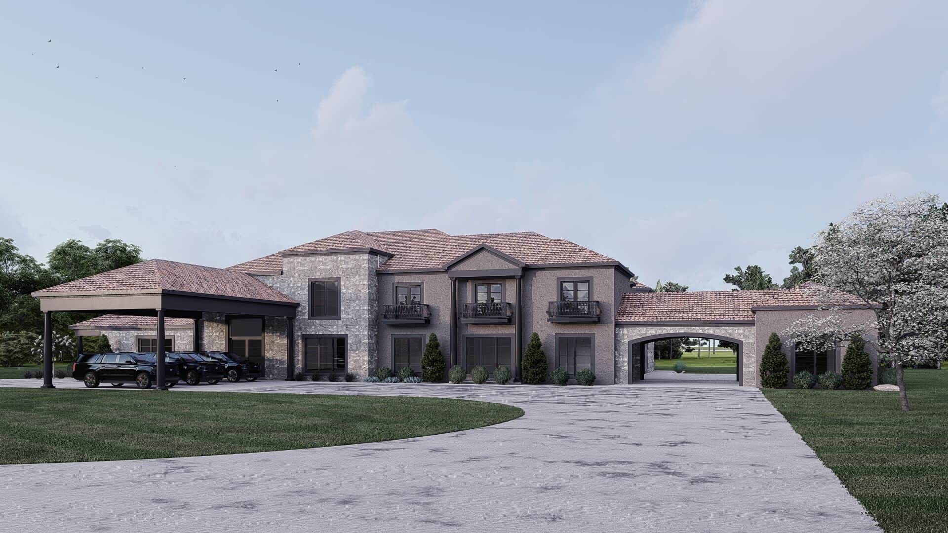 Front elevation of Tuscan home (ThePlanCollection: House Plan #193-1324)