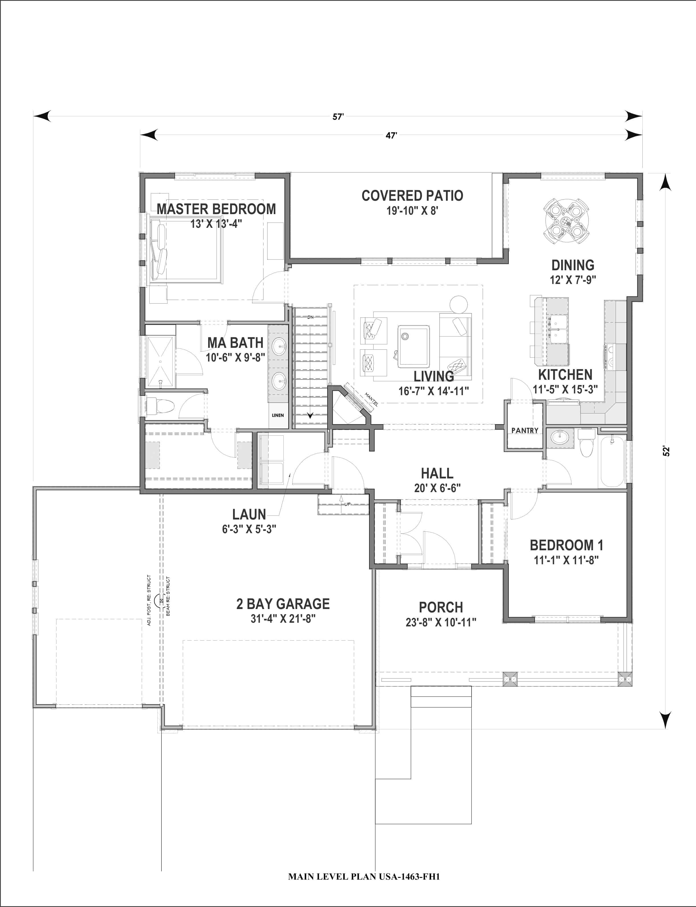Floor Plan Main Level of Farmhouse Plan #194-1016