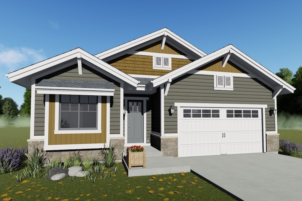 Front elevation of Craftsman home (ThePlanCollection: House Plan #194-1028)