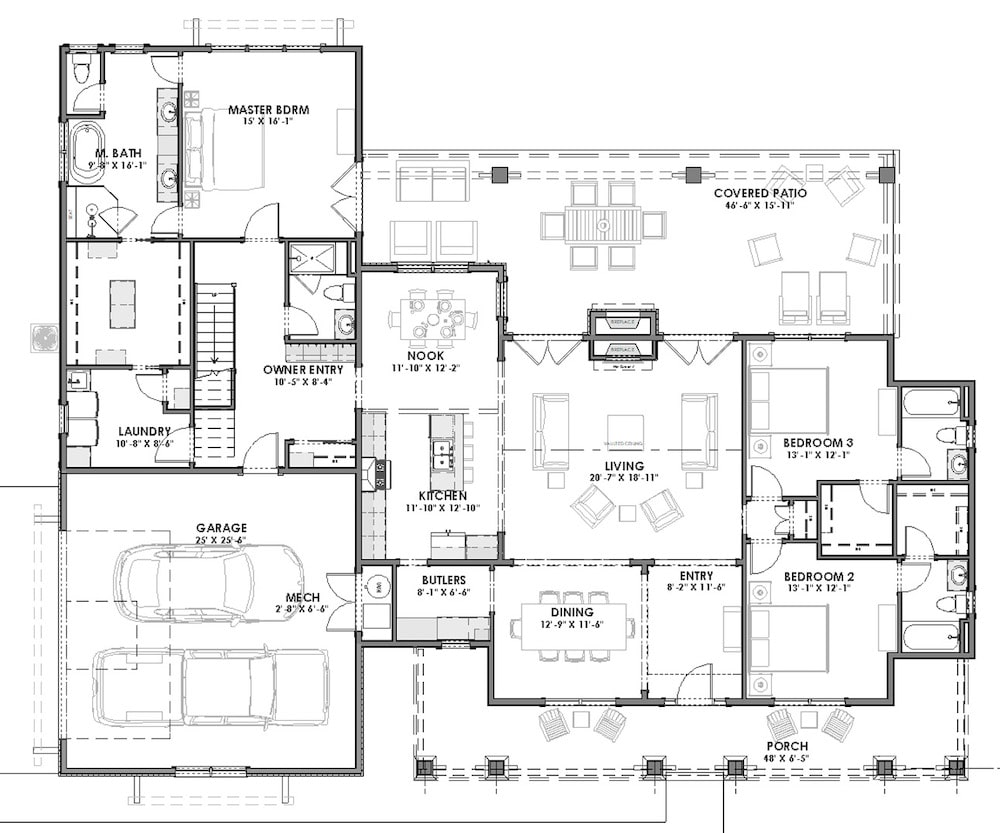 Floor Plan Main Level of Craftsman Plan #194-1029