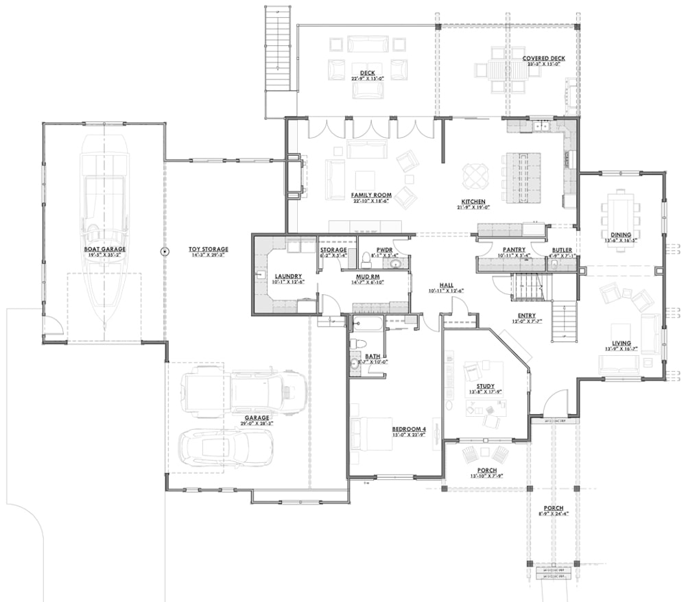Floor Plan Main Level of Farmhouse Plan #194-1030