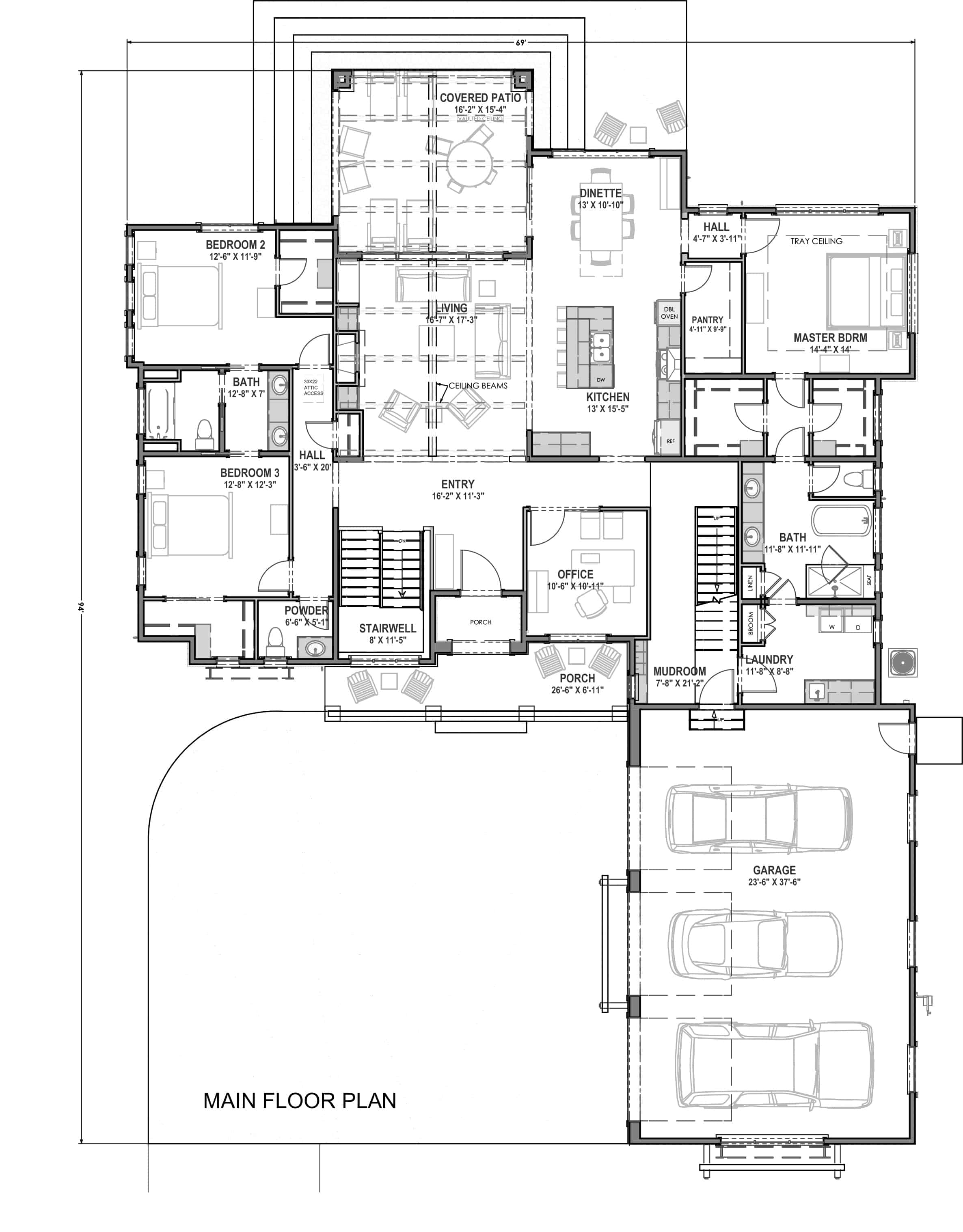 Floor Plan Main Level of Farmhouse Plan #194-1032