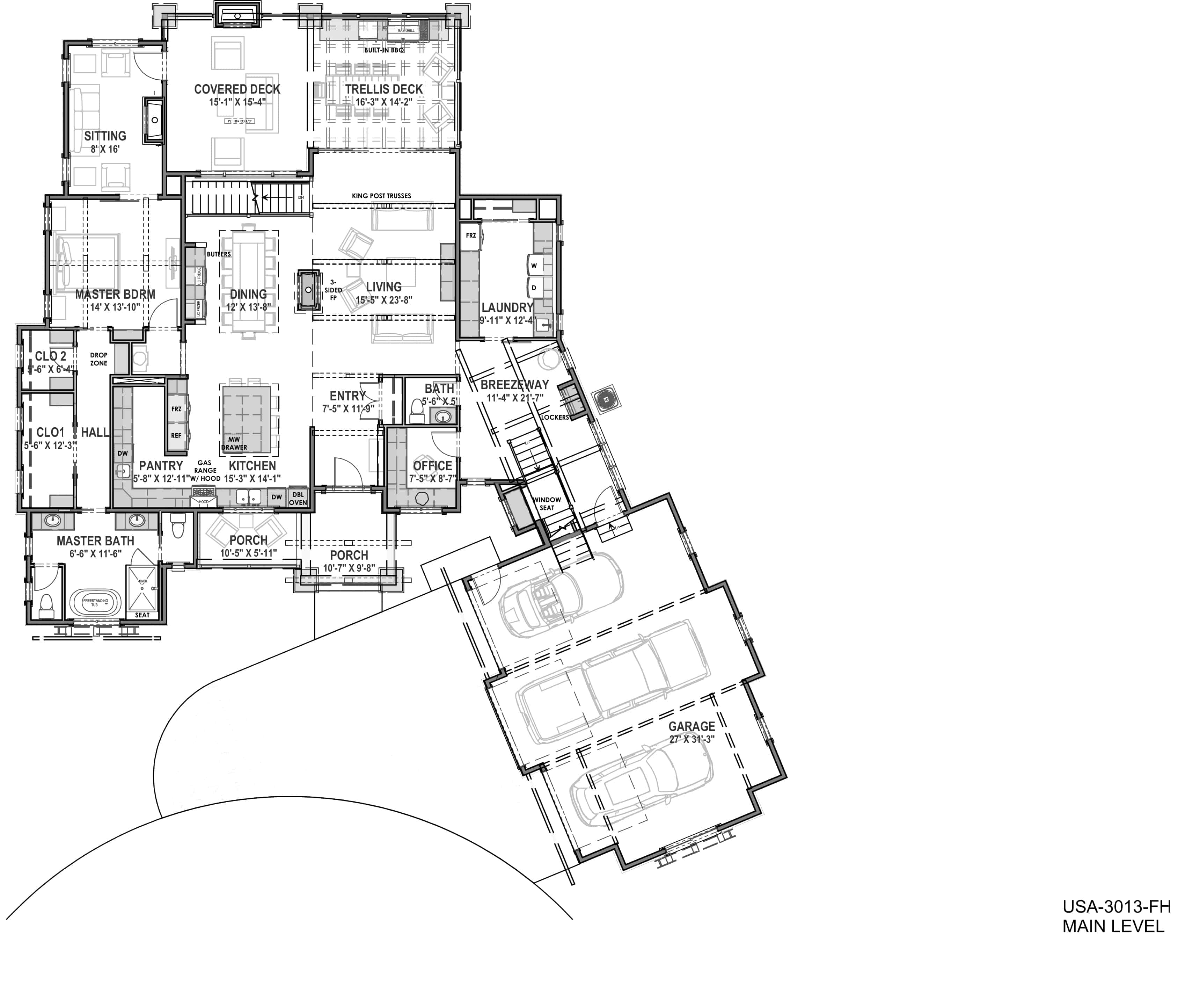 Floor Plan Main Level of Farmhouse Plan #194-1033