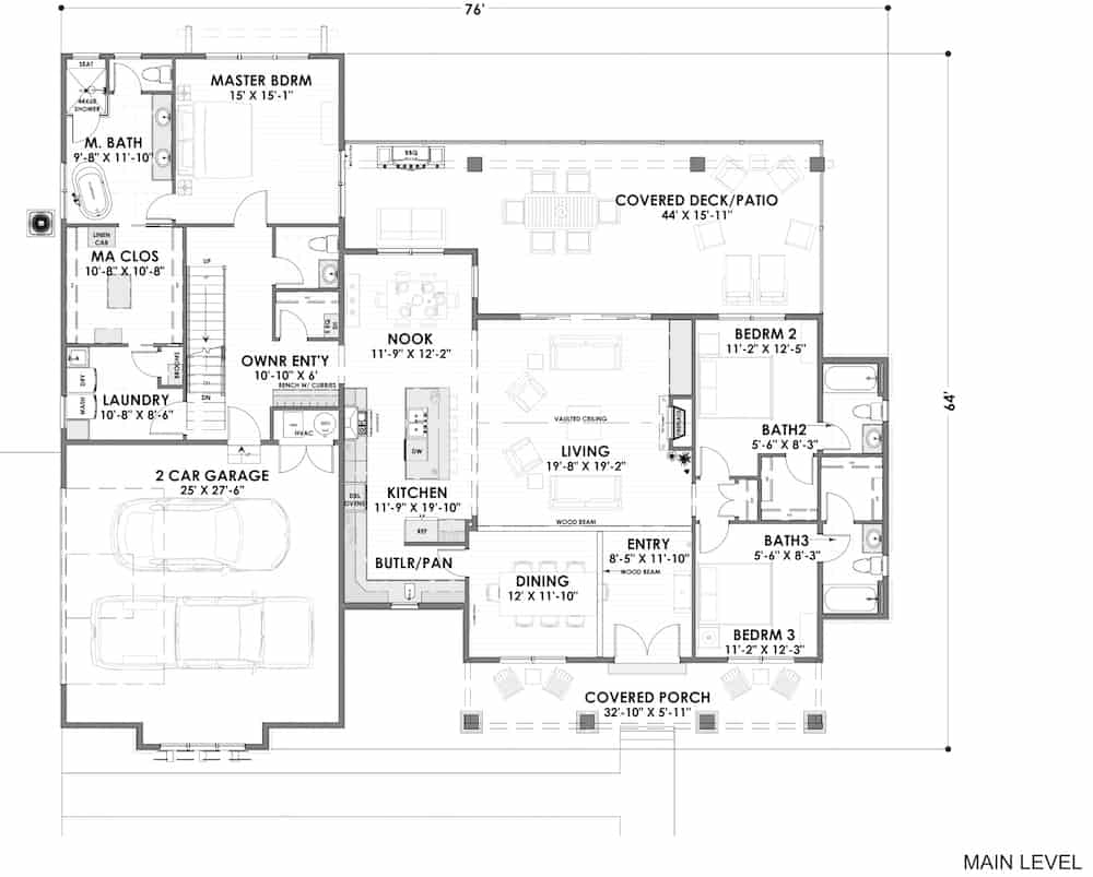 Floor Plan Main Level of Farmhouse Plan #194-1034