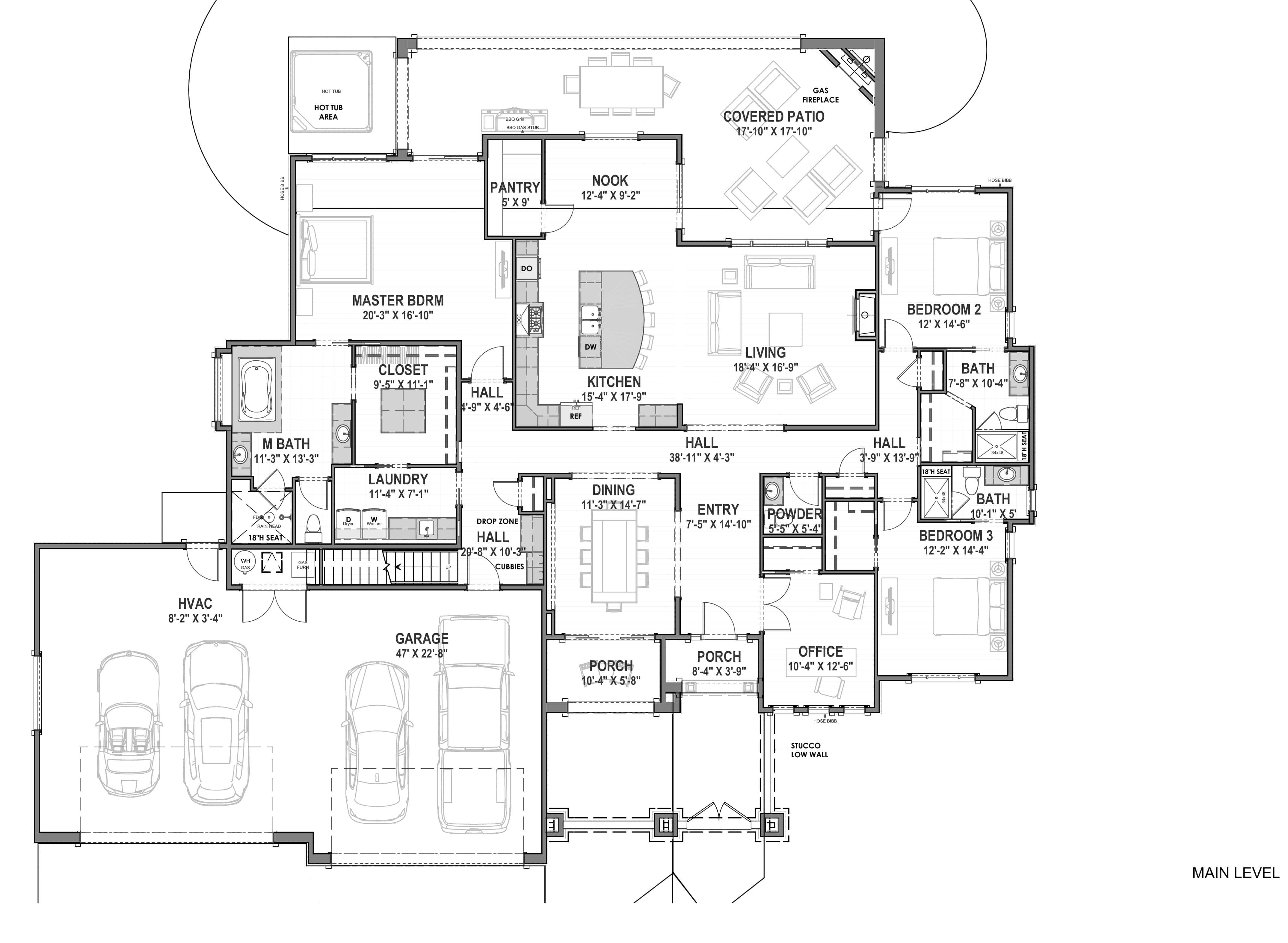 Floor Plan Main Level of Farmhouse Plan #194-1036
