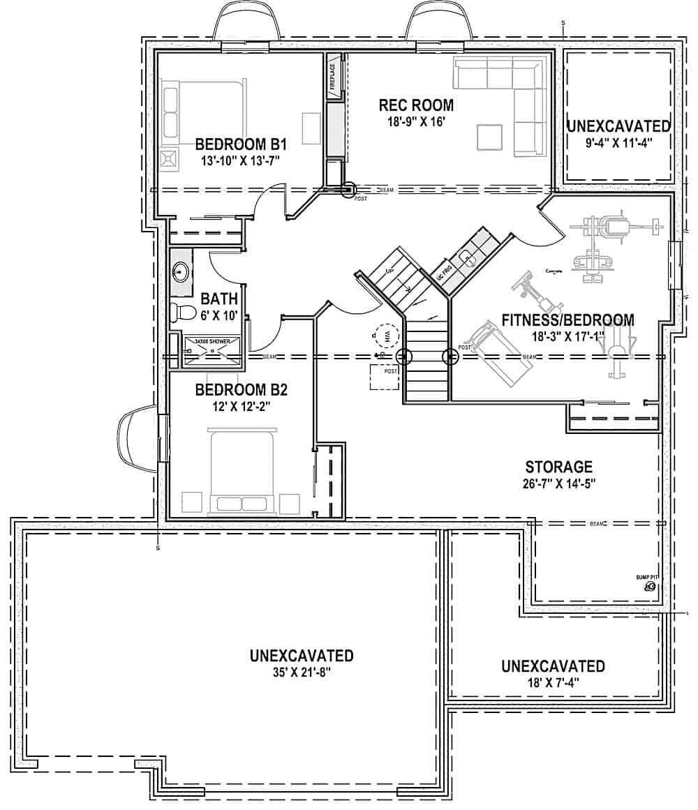 Floor Plan Basement of Ranch Plan #194-1040