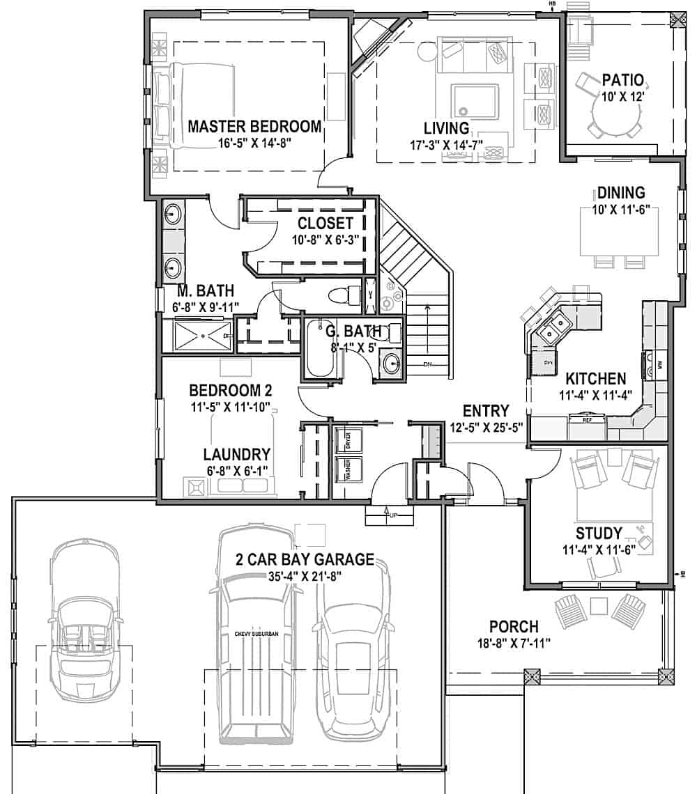 Floor Plan Main Level of Ranch Plan #194-1040