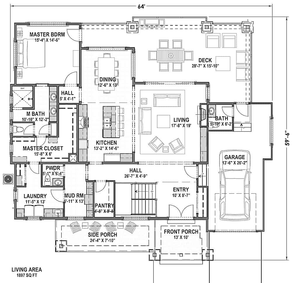 Floor Plan Main Level of Craftsman Plan #194-1041