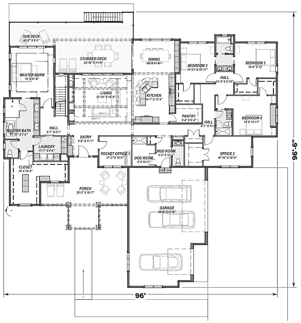 Floor Plan Main Level of Craftsman Plan #194-1043