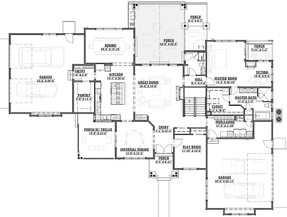 Floor Plan Main Level of Farmhouse Plan #194-1044