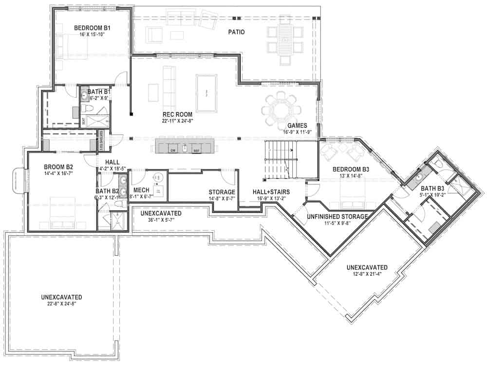 Floor Plan Basement of Ranch Plan #194-1045
