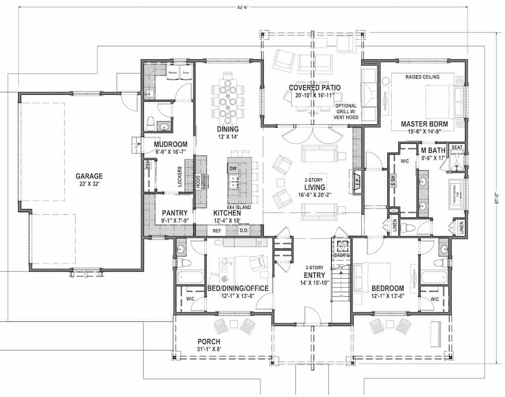 Floor Plan Main Level of Farmhouse Plan #194-1048