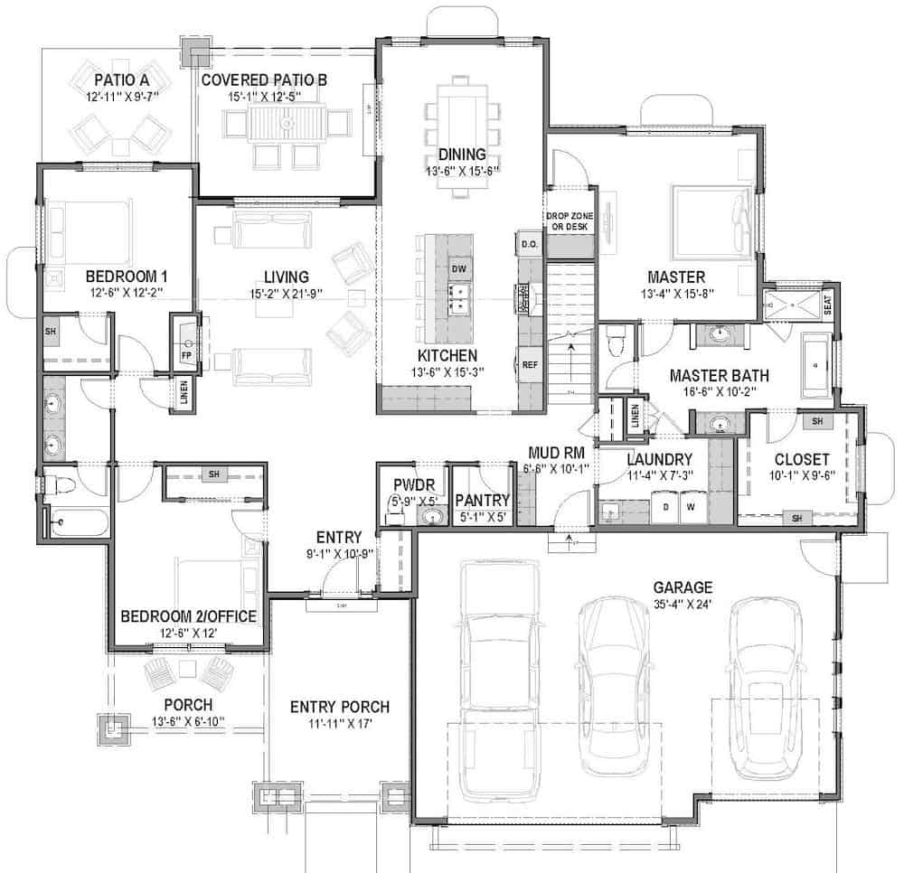 Floor Plan Main Level of Ranch Plan #194-1050