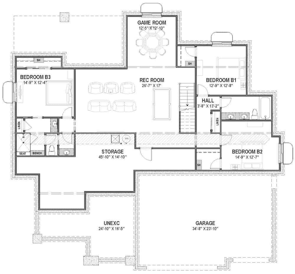 Floor Plan Basement of Ranch Plan #194-1050