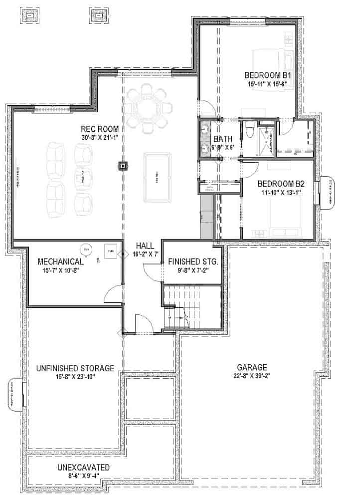 Floor Plan Basement of Ranch Plan #194-1051