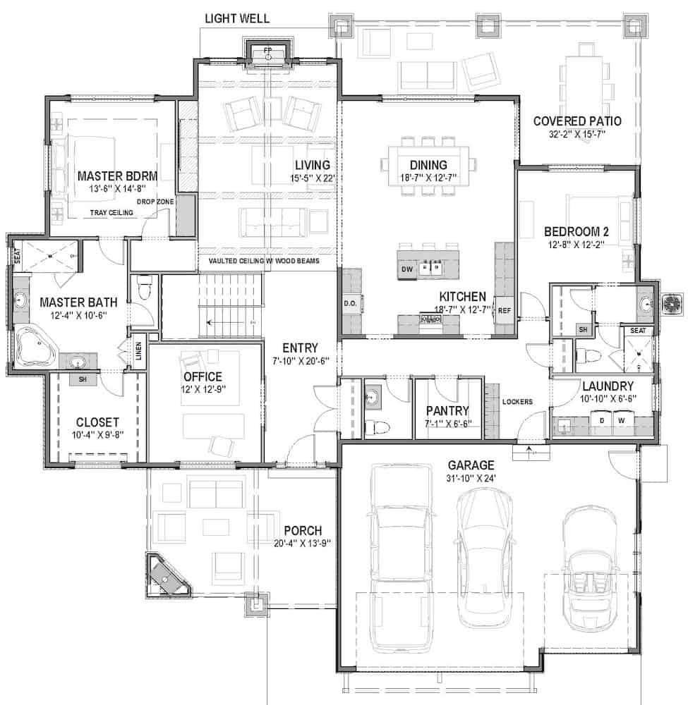 Floor Plan Main Level of Craftsman Plan #194-1052