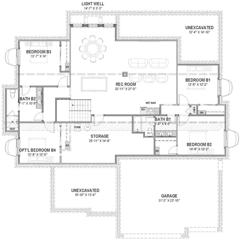 Floor Plan Basement of Craftsman Plan #194-1052