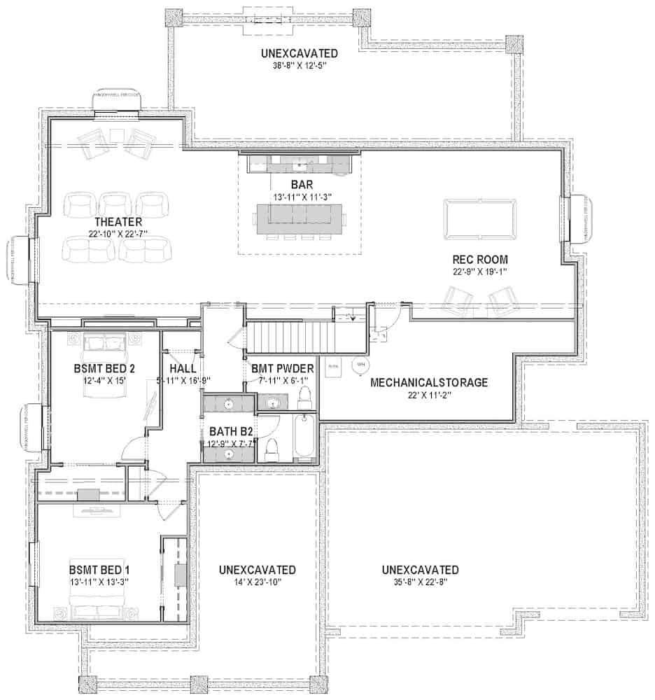 Floor Plan Basement of Ranch Plan #194-1053